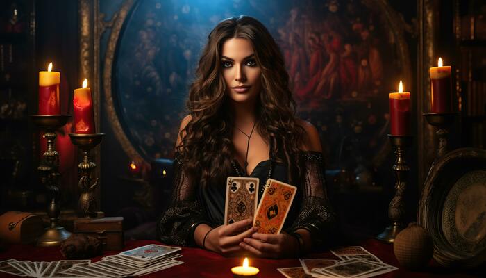 ai generated gypsy woman holding tarot card photo 1